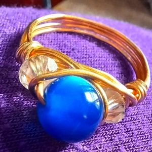 Blue dyed shell wire- wrapped ring,  size 7.5